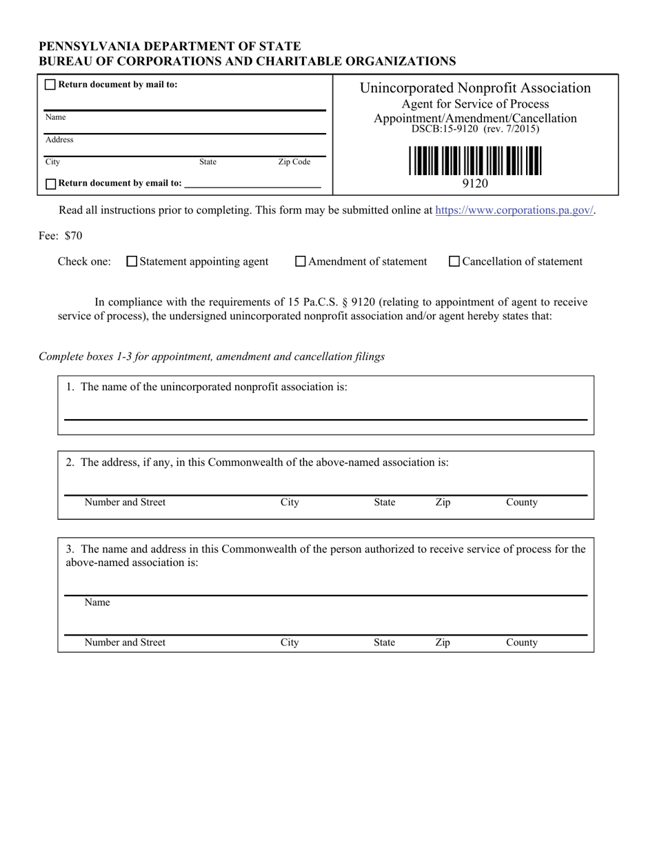 Form DSCB:15-9120 Unincorporated Nonprofit Association Agent for Service of Process Appointment / Amendment / Cancellation - Pennsylvania, Page 1