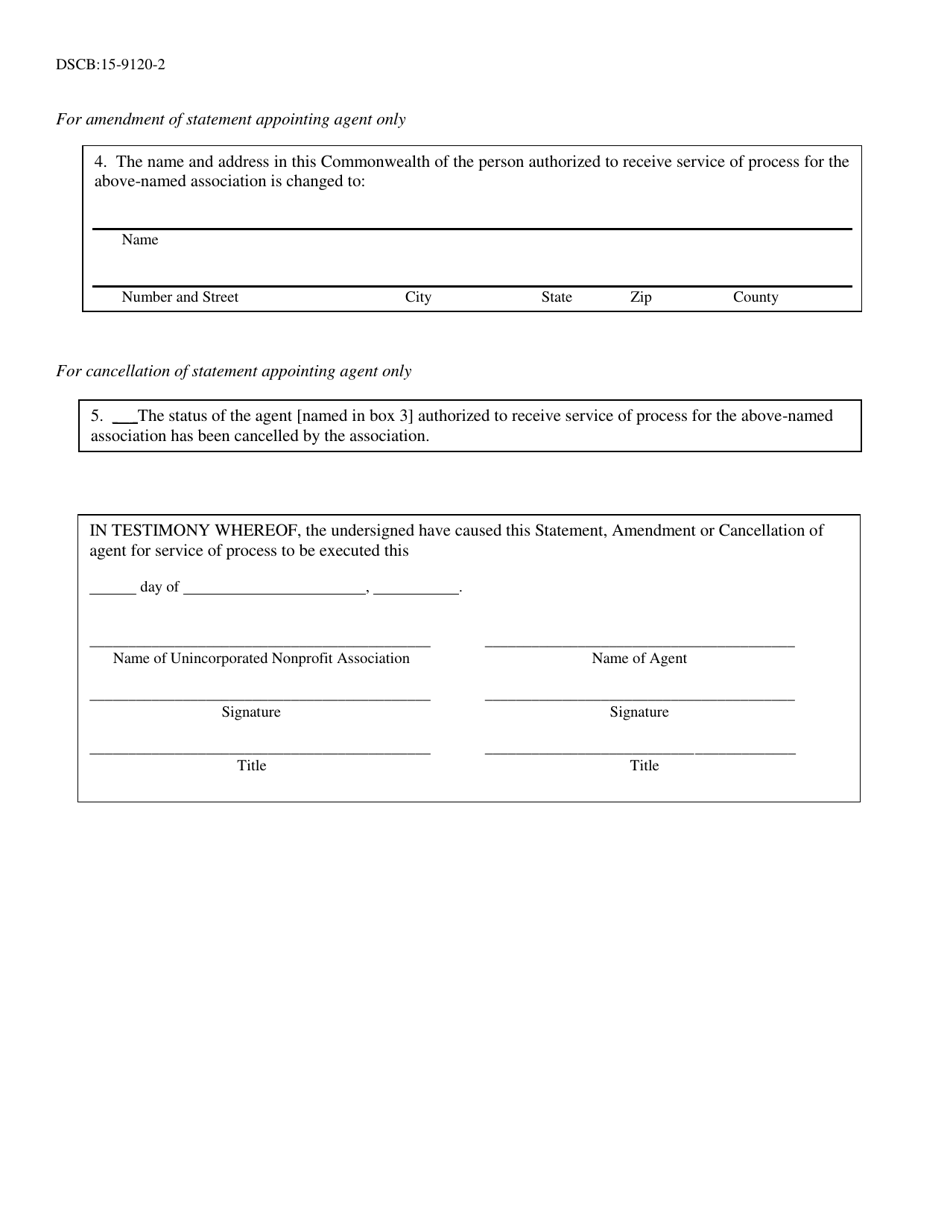 Form DSCB:15-9120 Unincorporated Nonprofit Association Agent for Service of Process Appointment / Amendment / Cancellation - Pennsylvania, Page 2