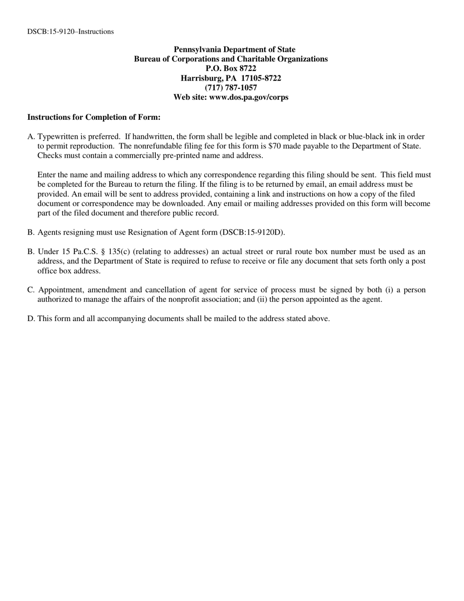 Form DSCB:15-9120 Unincorporated Nonprofit Association Agent for Service of Process Appointment / Amendment / Cancellation - Pennsylvania, Page 3