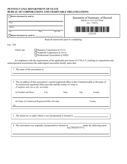 Form DSCB:15-1311/5311/9305  Printable Pdf