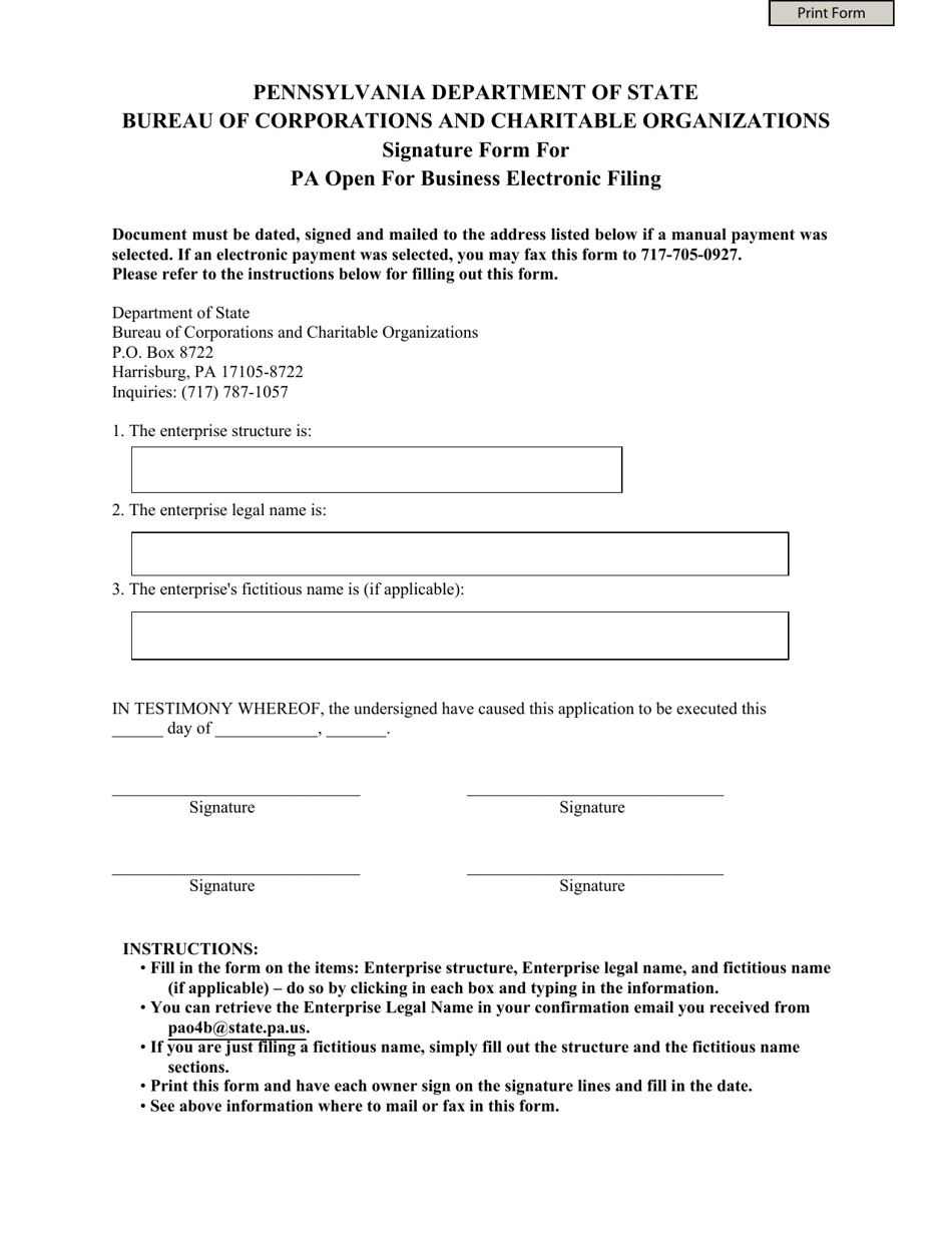 Signature Form for Pa Open for Business Electronic Filing - Pennsylvania, Page 1