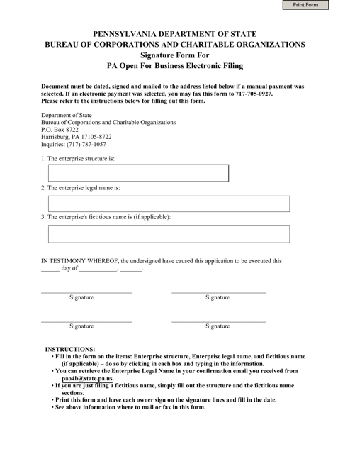 Signature Form for Pa Open for Business Electronic Filing - Pennsylvania Download Pdf