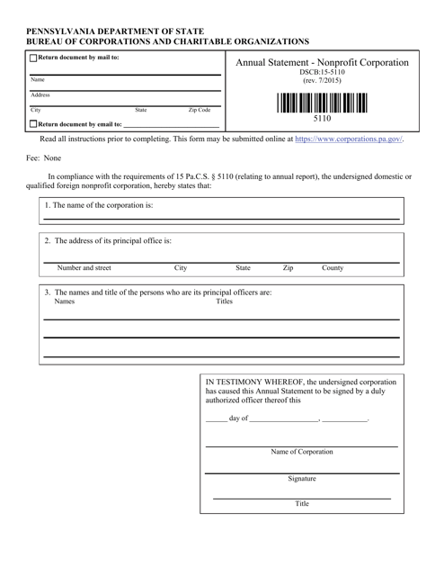 Form DSCB:15-5110  Printable Pdf