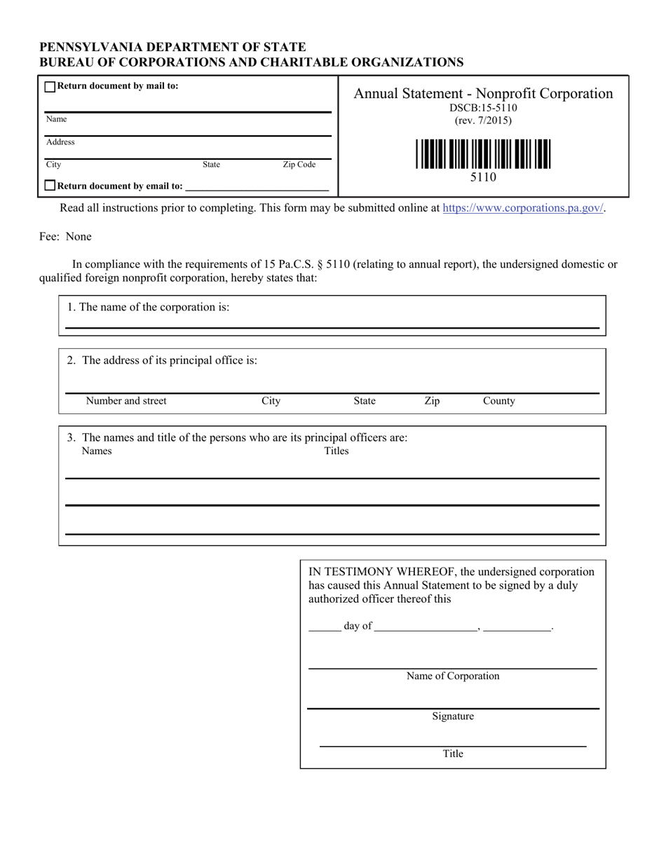 Form DSCB:15-5110 Annual Statement - Nonprofit Corporation - Pennsylvania, Page 1