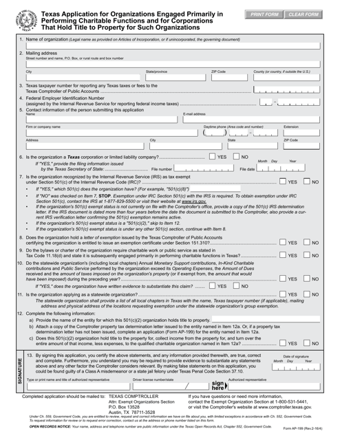 Form AP-199 Texas Application for Organizations Engaged Primarily in Performing Charitable Functions and for Corporations That Hold Title to Property for Such Organizations - Texas