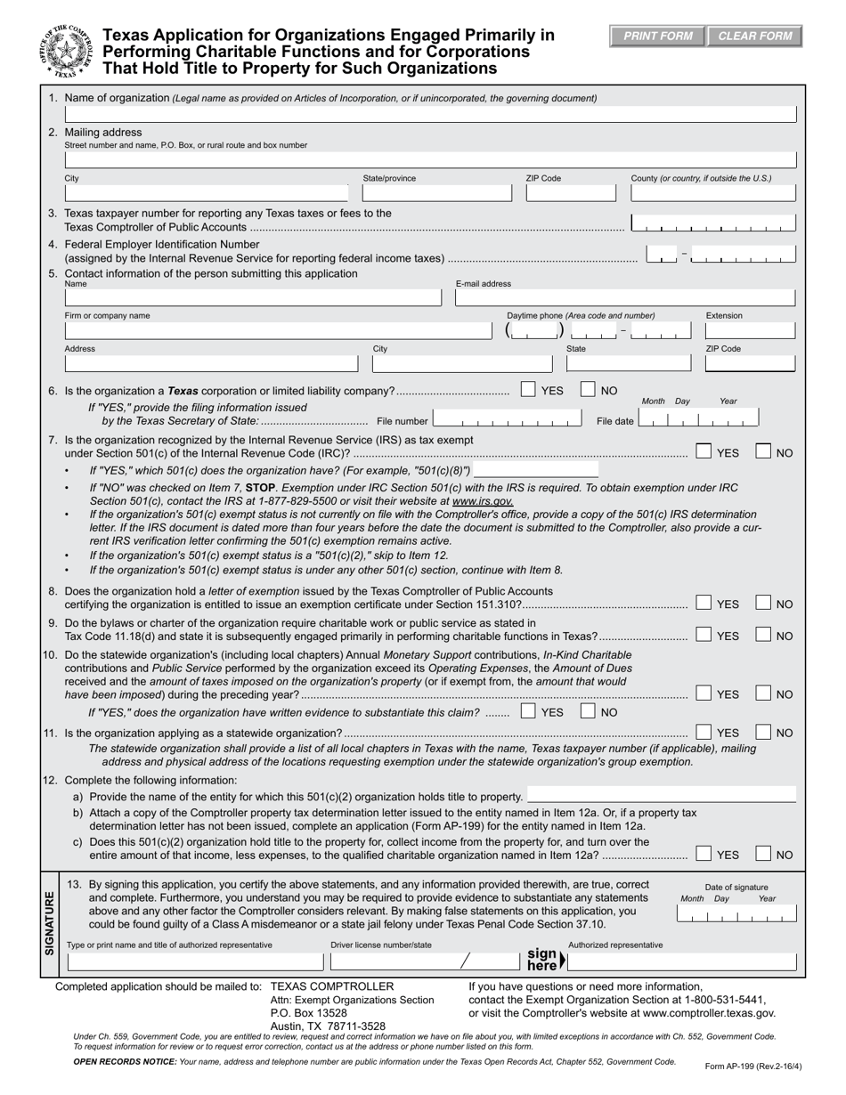 Form AP-199 Texas Application for Organizations Engaged Primarily in Performing Charitable Functions and for Corporations That Hold Title to Property for Such Organizations - Texas, Page 1