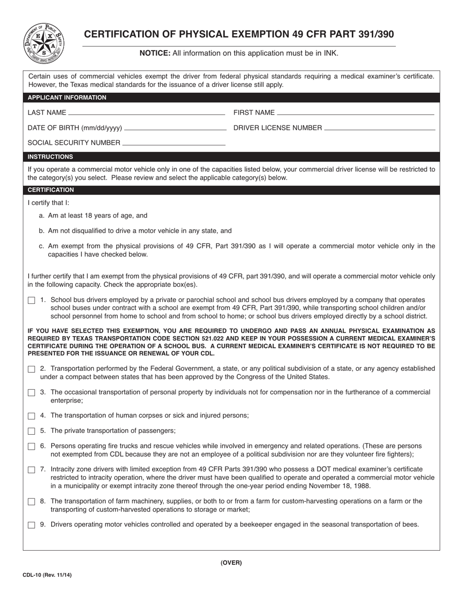 Form CDL-10 Certification of Physical Exemption 49 Cfr Part 391 / 390 - Texas, Page 1