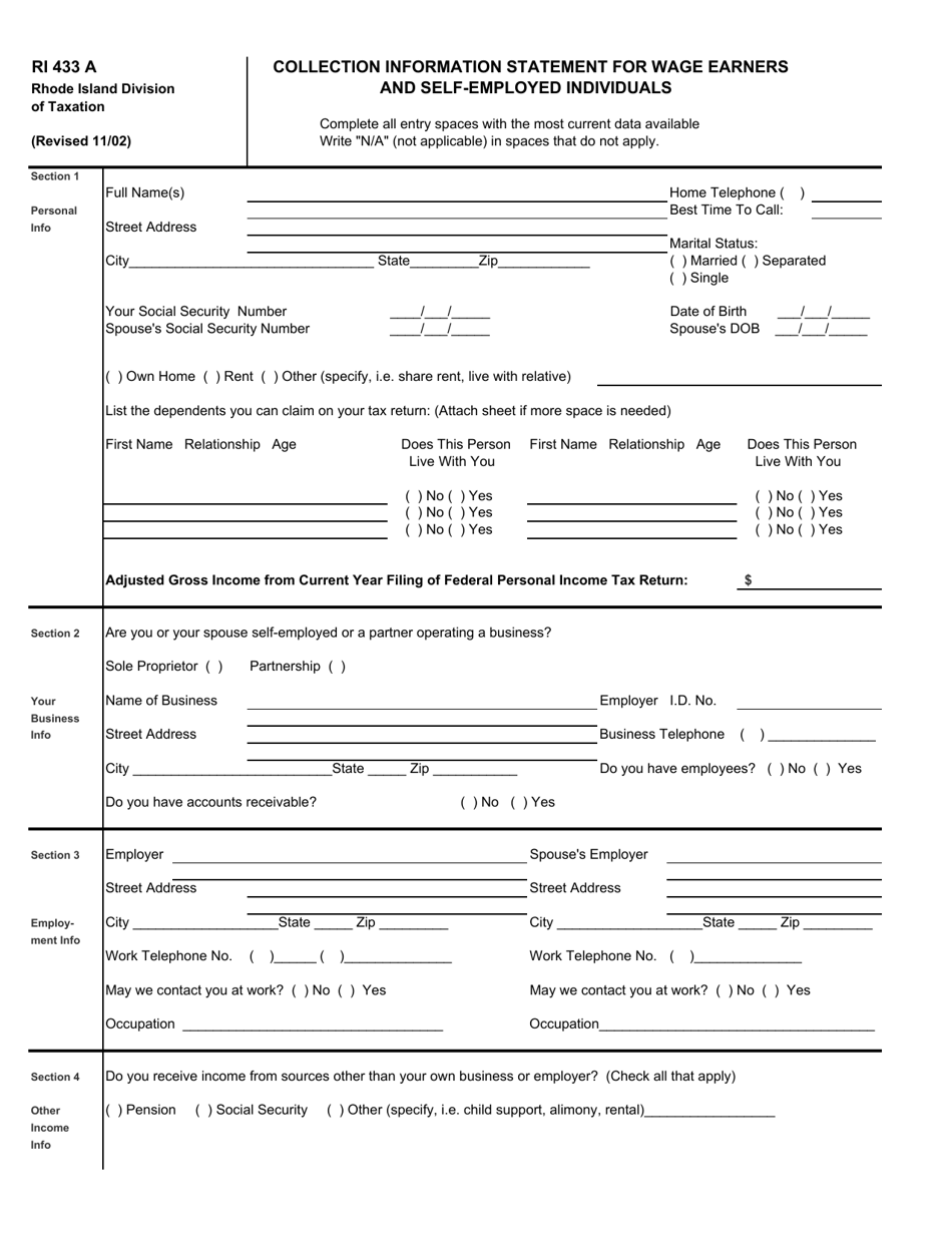 Form RI433 A - Fill Out, Sign Online and Download Printable PDF, Rhode ...