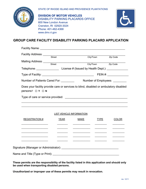 Group Care Facility Disability Parking Placard Application - Rhode Island Download Pdf