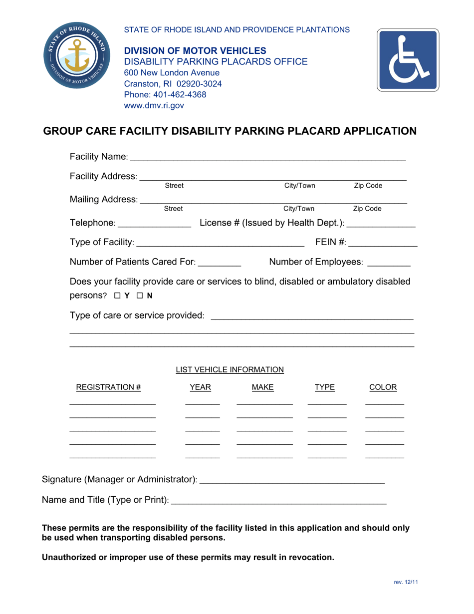Group Care Facility Disability Parking Placard Application - Rhode Island, Page 1
