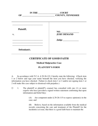 Certificate of Good Faith in Medical Malpractice Case - Plaintiff&#039;s Form - Tennessee