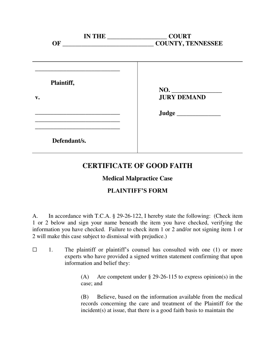 Certificate of Good Faith in Medical Malpractice Case - Plaintiffs Form - Tennessee, Page 1