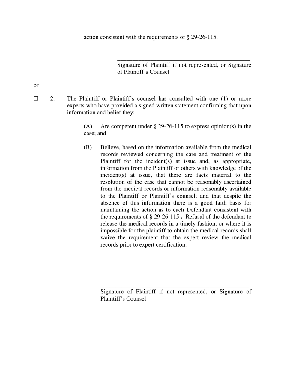 Certificate of Good Faith in Medical Malpractice Case - Plaintiffs Form - Tennessee, Page 2