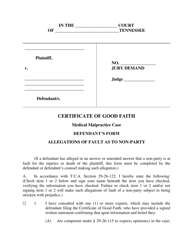 Certificate of Good Faith in Medical Malpractice Case - Defendant&#039;s Form - Tennessee
