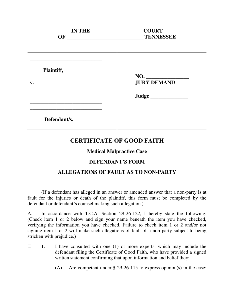 Certificate of Good Faith in Medical Malpractice Case - Defendants Form - Tennessee, Page 1