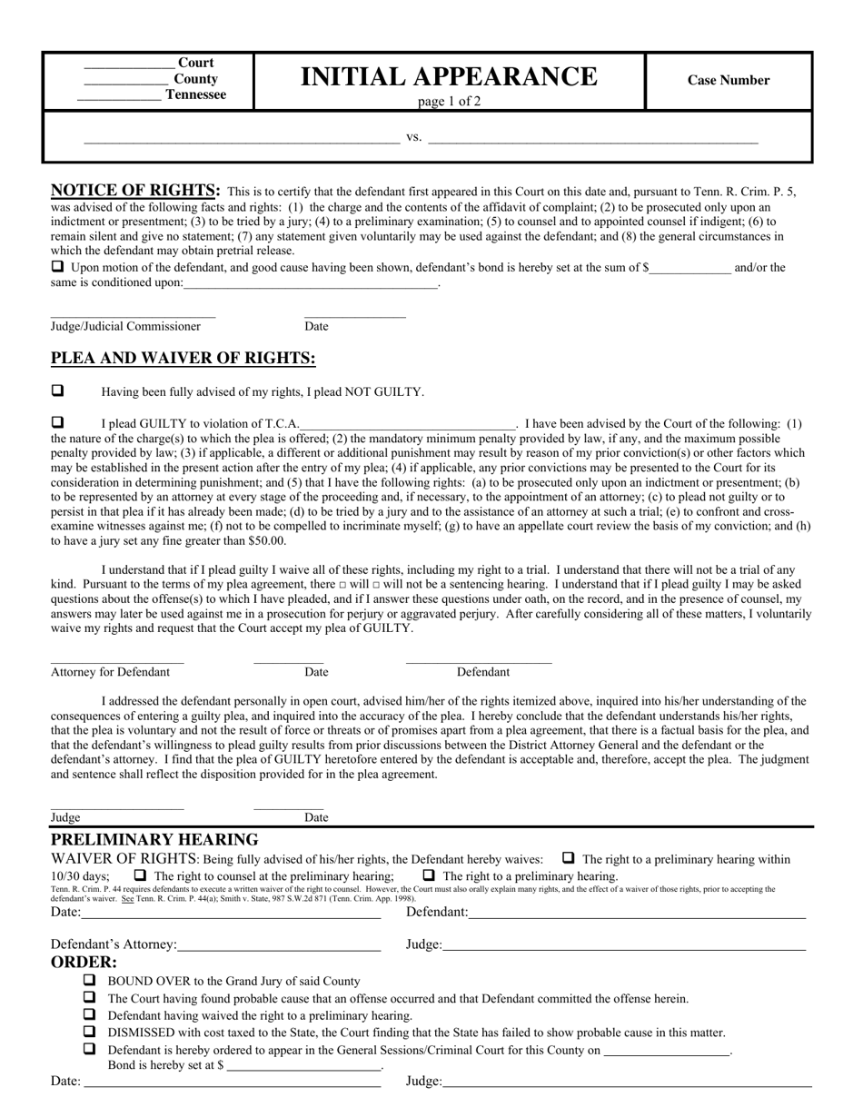 Tennessee Initial Appearance - Fill Out, Sign Online And Download Pdf 