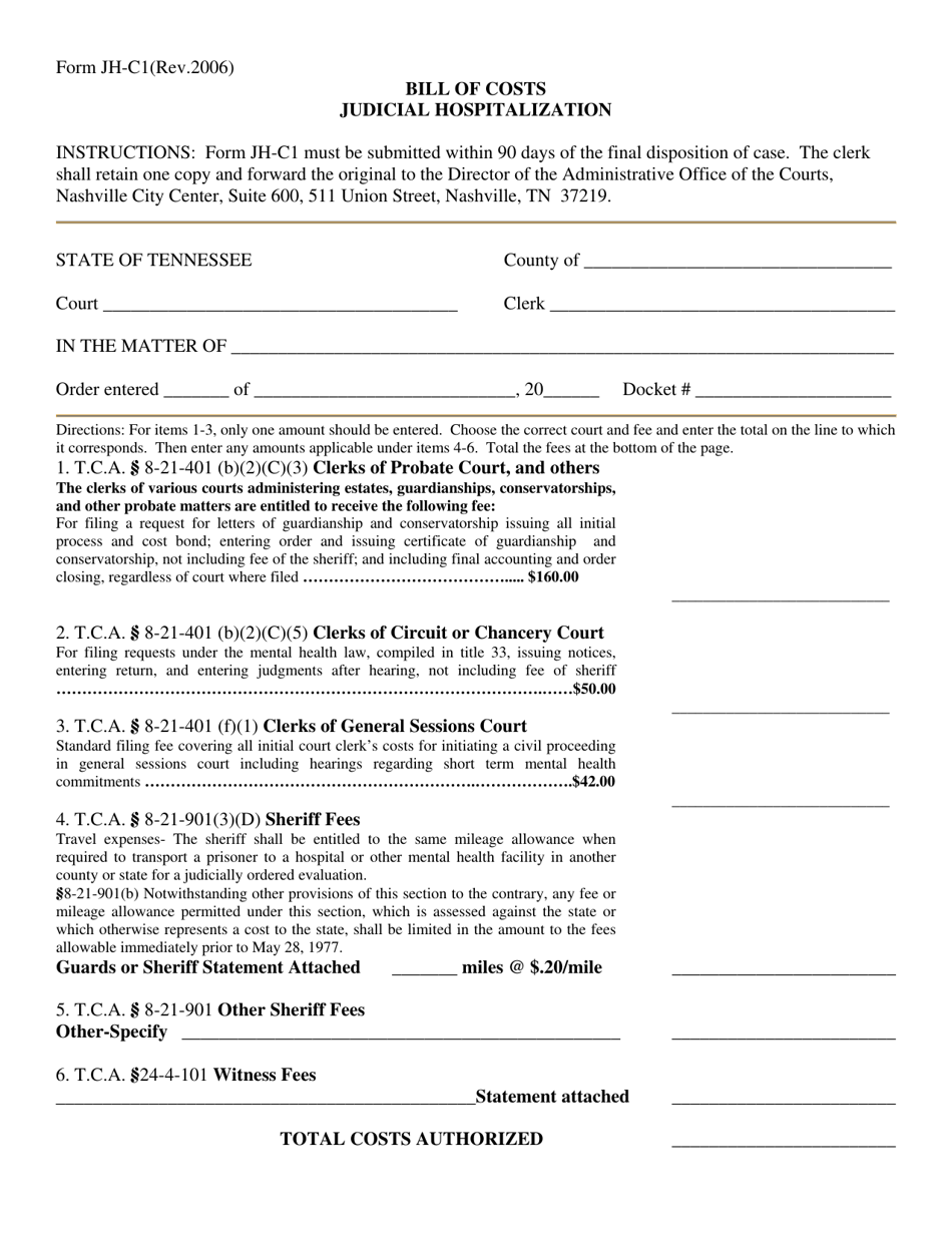 Form JH-C1 Bill of Costs - Judicial Hospitalization - Tennessee, Page 1