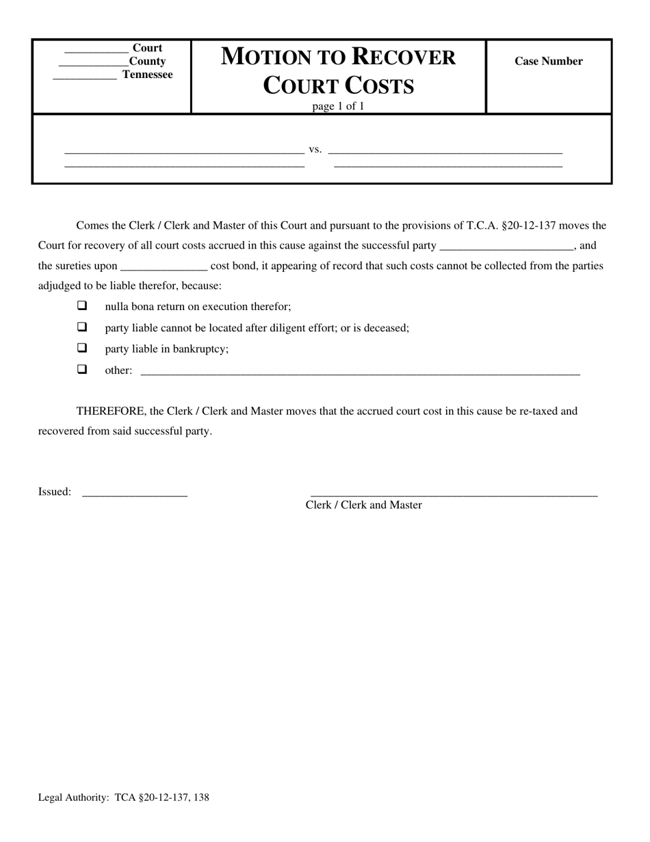 Motion to Recover Court Cost - Tennessee, Page 1