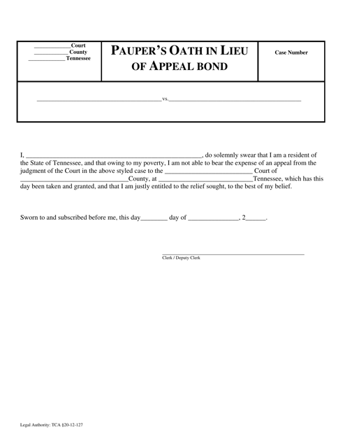 &quot;Pauper's Oath in Lieu of Appeal Bond&quot; - Tennessee Download Pdf