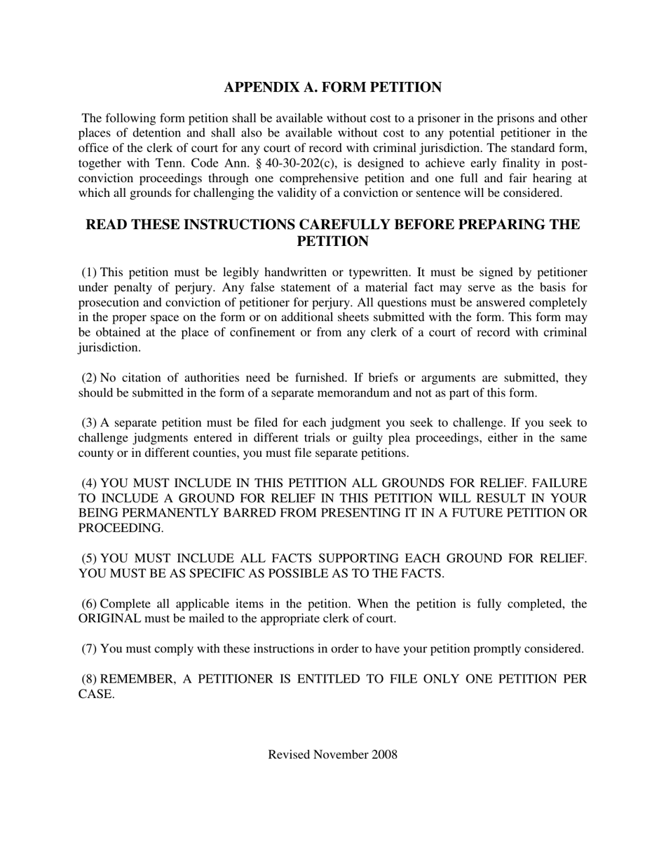 Petition for Relief From Conviction or Sentence - Tennessee, Page 1