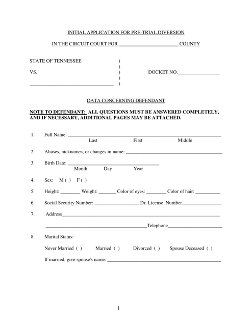 Initial Application for Pre-trial Diversion - Tennessee Download Pdf