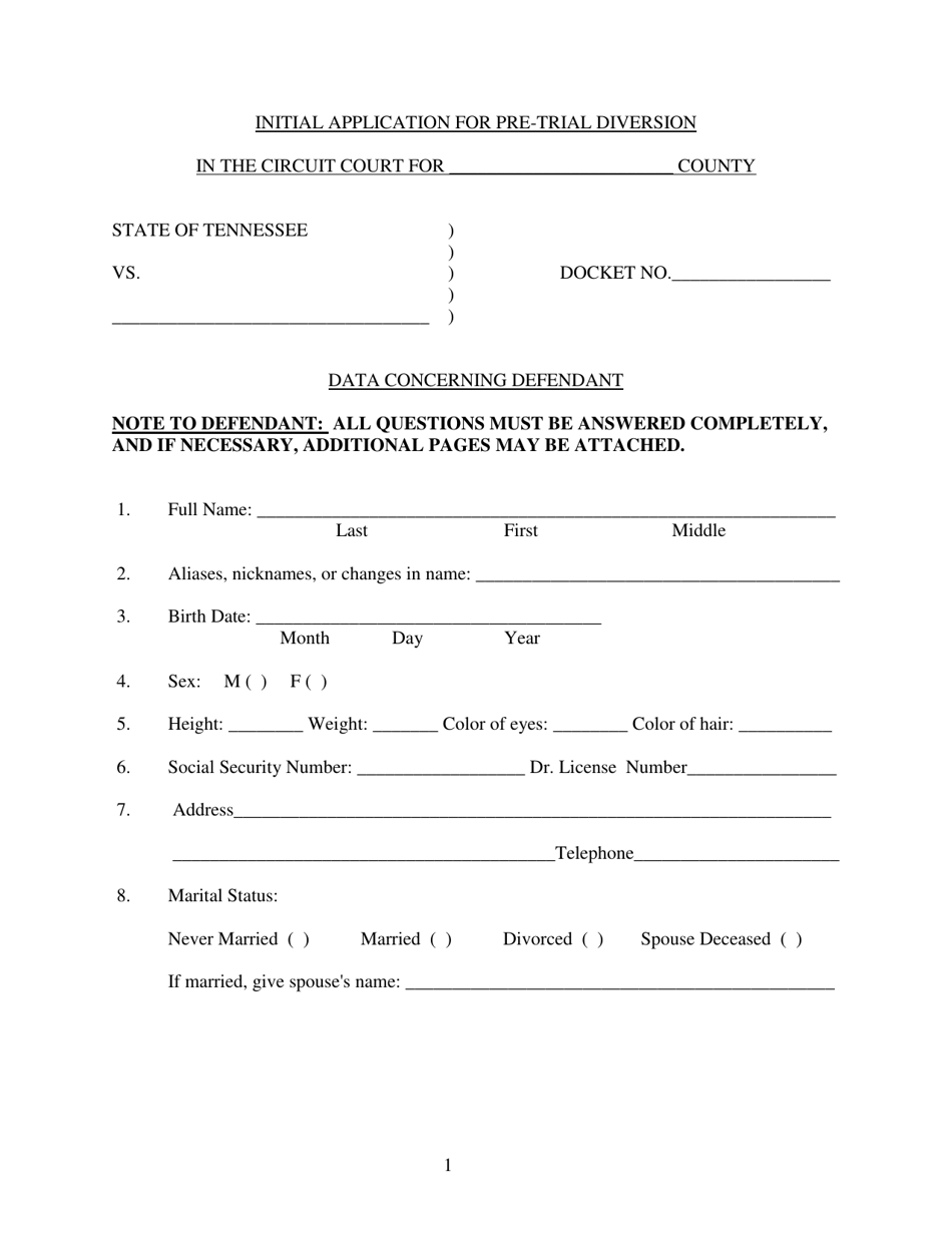 Initial Application for Pre-trial Diversion - Tennessee, Page 1