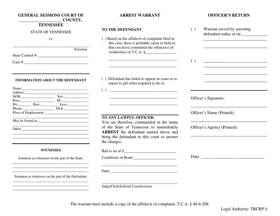 Tennessee Arrest Warrant Fill Out, Sign Online and Download PDF