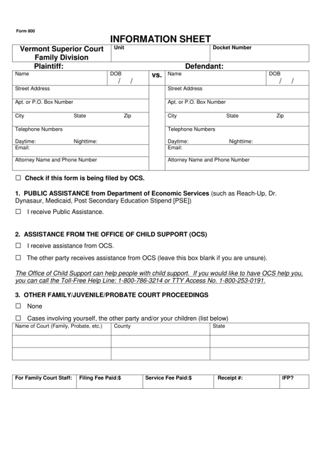 Form 800 Information Sheet - Vermont