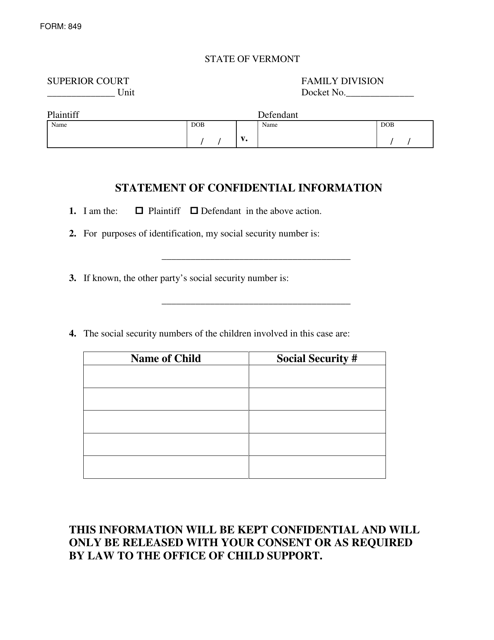 Form 849 Statement of Confidential Information - Vermont