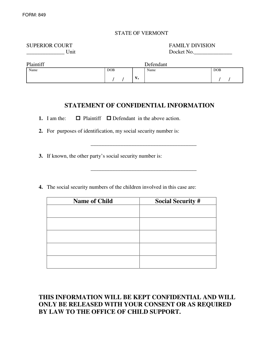 Form 849 Statement of Confidential Information - Vermont, Page 1