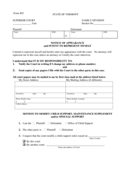 Document preview: Form 803 Notice of Appearance and Intent to Represent Myself - Vermont