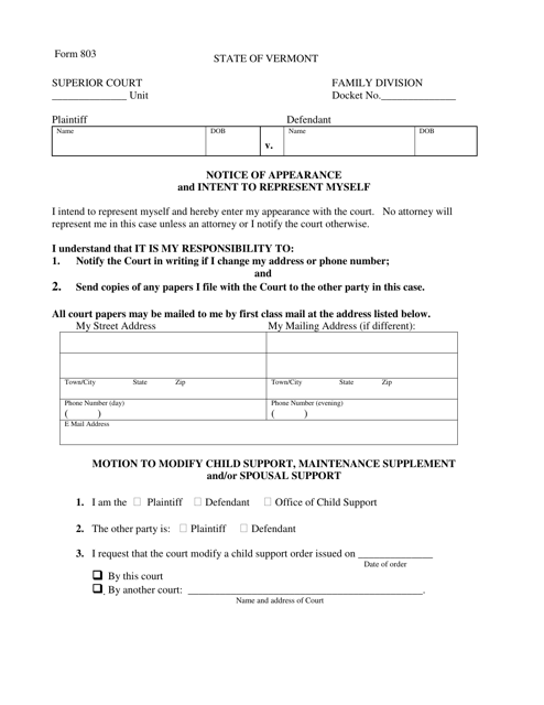 Form 803 Notice of Appearance and Intent to Represent Myself - Vermont