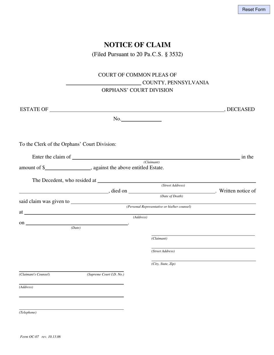 Form OC-07 - Fill Out, Sign Online And Download Fillable PDF ...