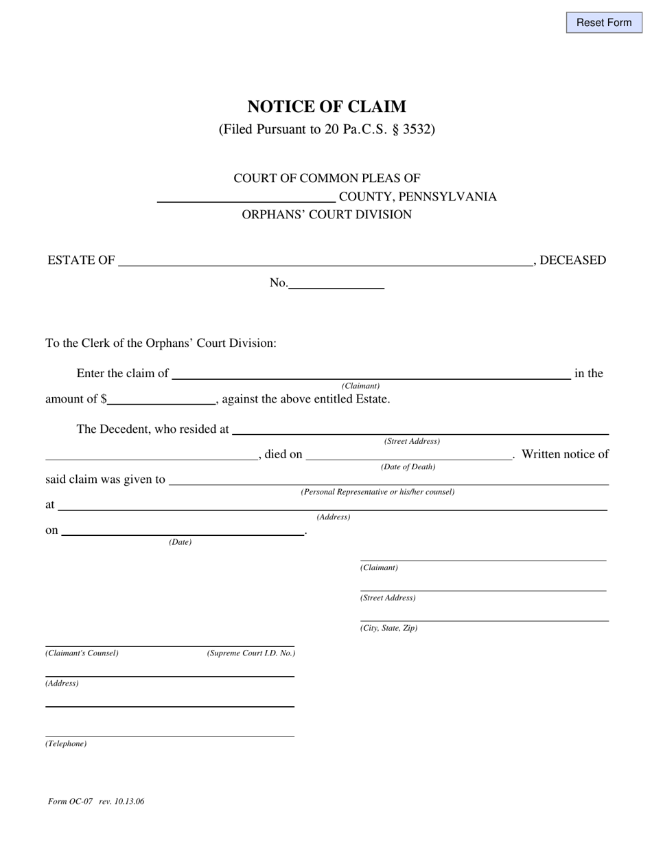 Form OC-07 Notice of Claim - Pennsylvania, Page 1