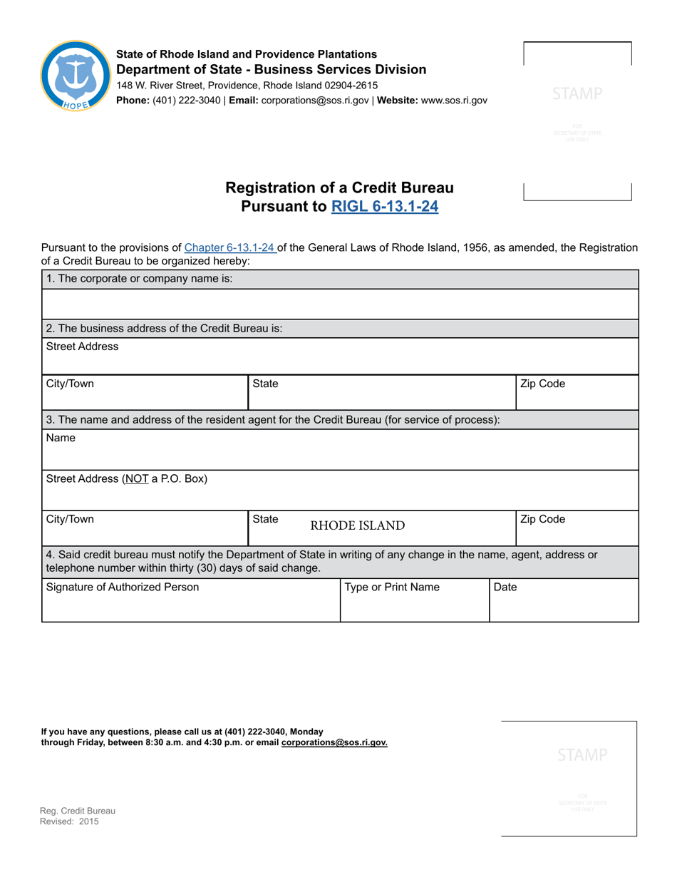 Registration of a Credit Bureau - Rhode Island, Page 1