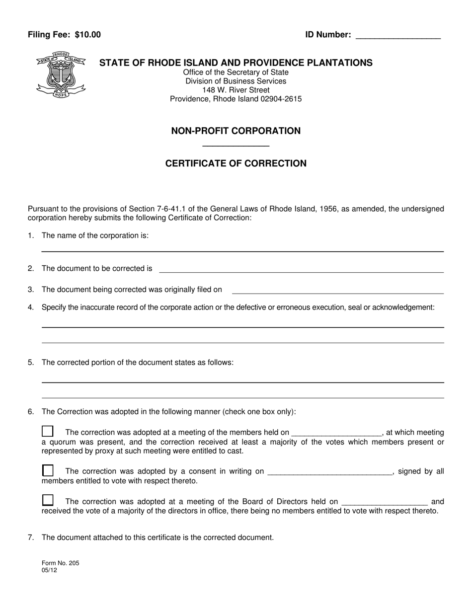 Form 205 Certificate of Correction for a Non-profit Corporation - Rhode Island, Page 2