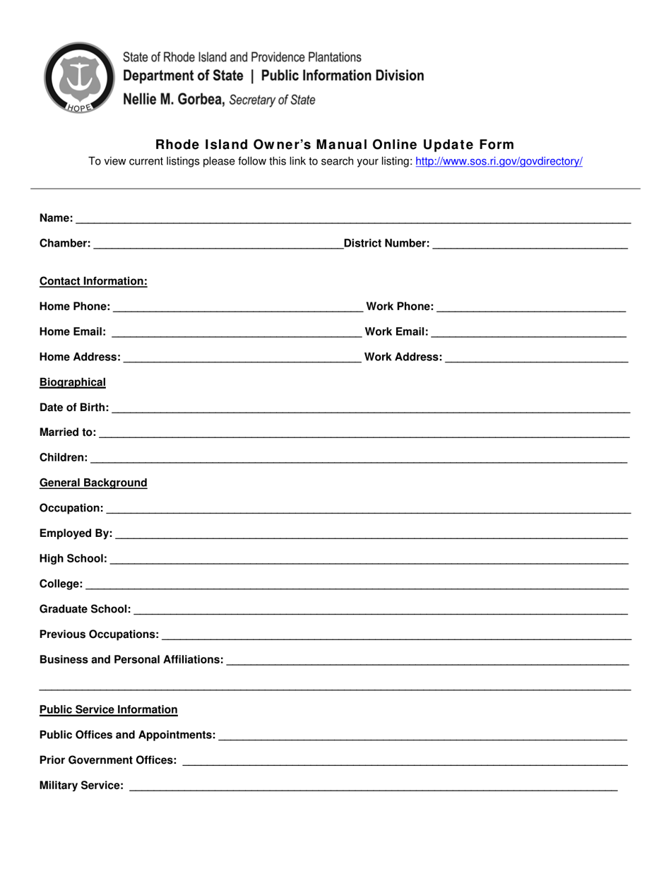 Rhode Island Owners Manual Online Update Form - Rhode Island, Page 1