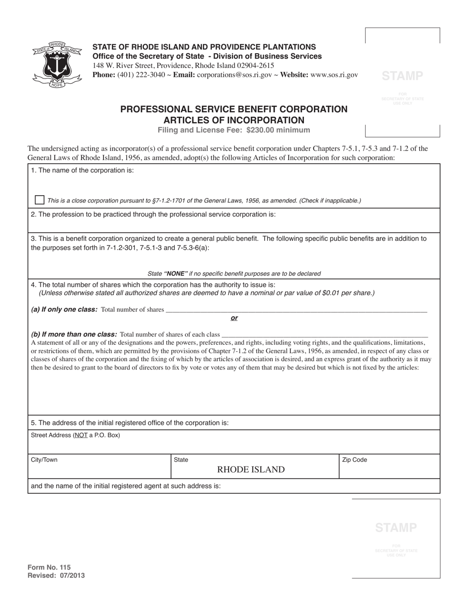 Form 115 Professional Service Benefit Corporation Articles of Incorporation - Rhode Island, Page 3