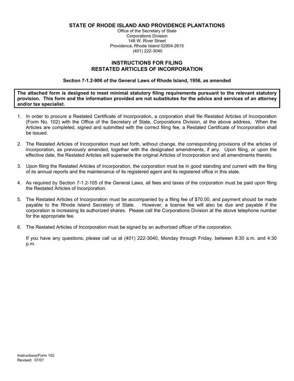 Form 102 Restated Articles of Incorporation - Rhode Island, Page 1