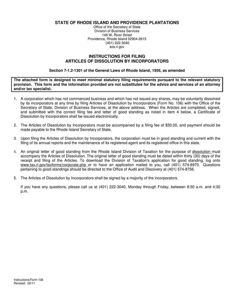 Form 106 Articles of Dissolution by Incorporators - Rhode Island, Page 1