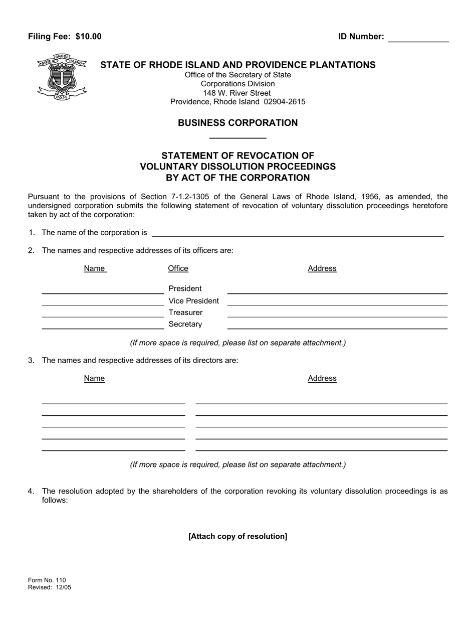 Form 110 Statement of Revocation of Voluntary Dissolution Proceedings by Act of the Corporation - Rhode Island, Page 2