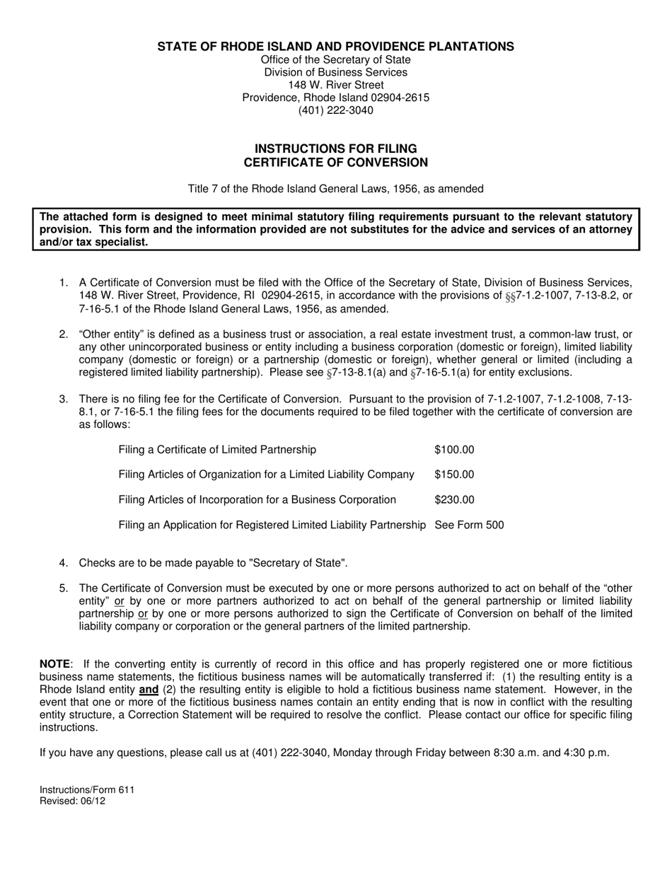 Form 611 Certificate of Conversion - Rhode Island, Page 1
