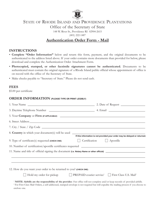 Authentication Order Form - Mail - Rhode Island