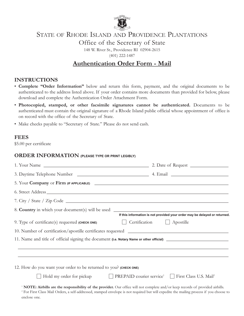 Authentication Order Form - Mail - Rhode Island, Page 1
