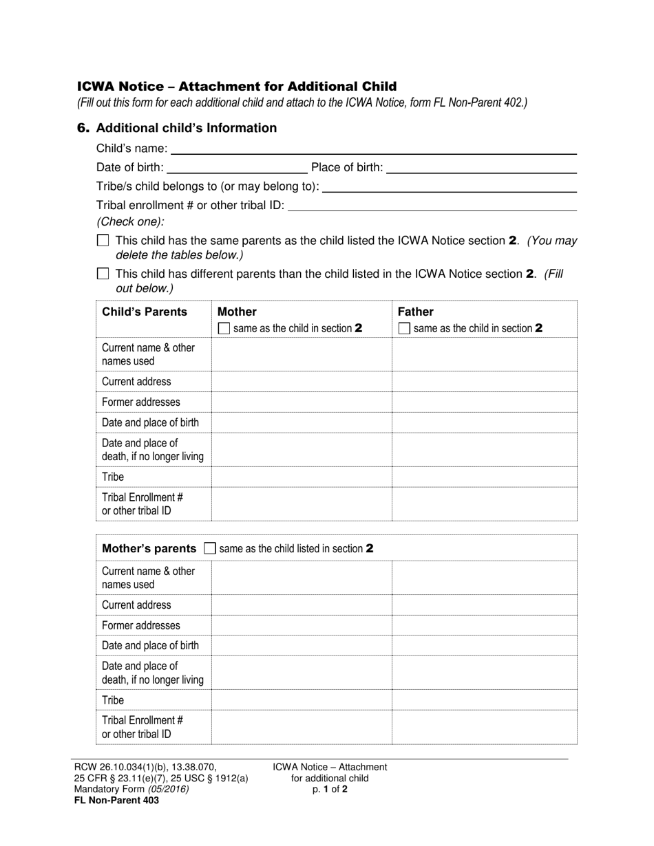 Form FL Non-Parent403 Icwa Notice - Attachment for Additional Child - Washington, Page 1