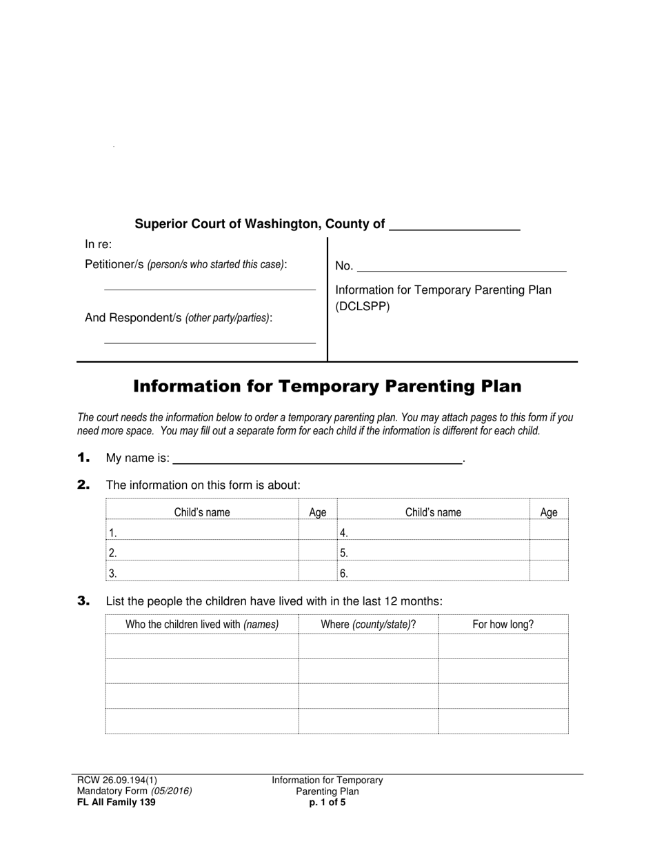 Form FL All Family139 Information for Temporary Parenting Plan - Washington, Page 1
