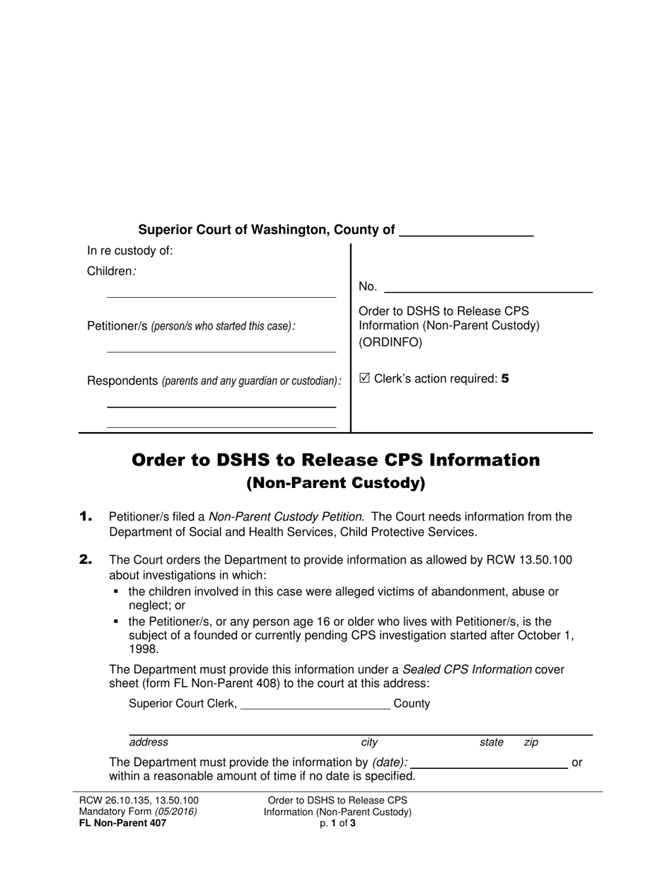 Form FL Non-Parent407 Order to Dshs to Release Cps Information - Washington, Page 1