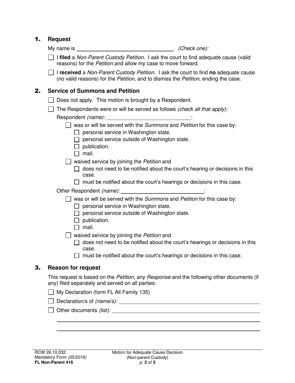 Form FL Non-Parent416 Motion for Adequate Cause Decision (Non-parent Custody) - Washington, Page 2