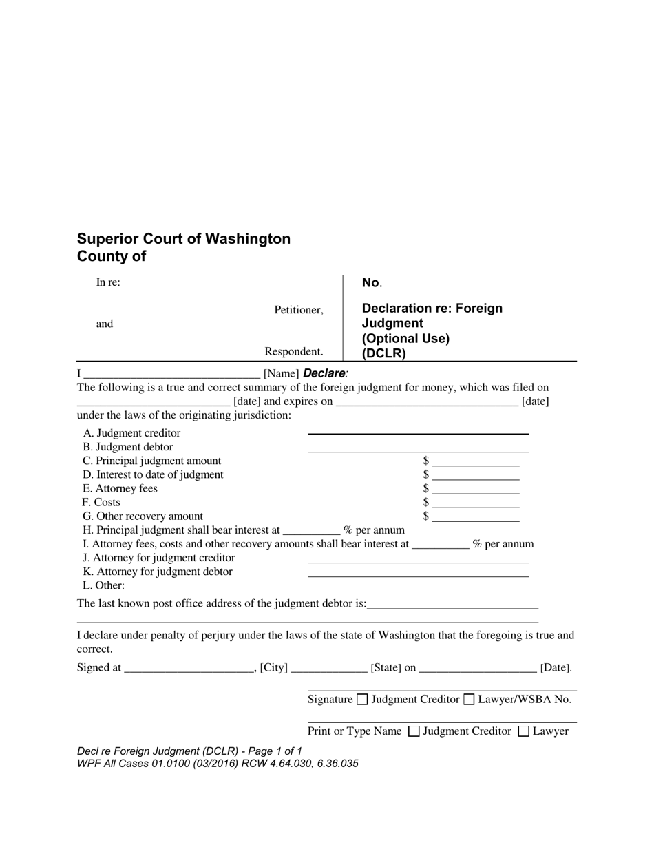 Form WPF All Cases01.0100 Declaration Re: Foreign Judgment (Dclr) - Washington, Page 1