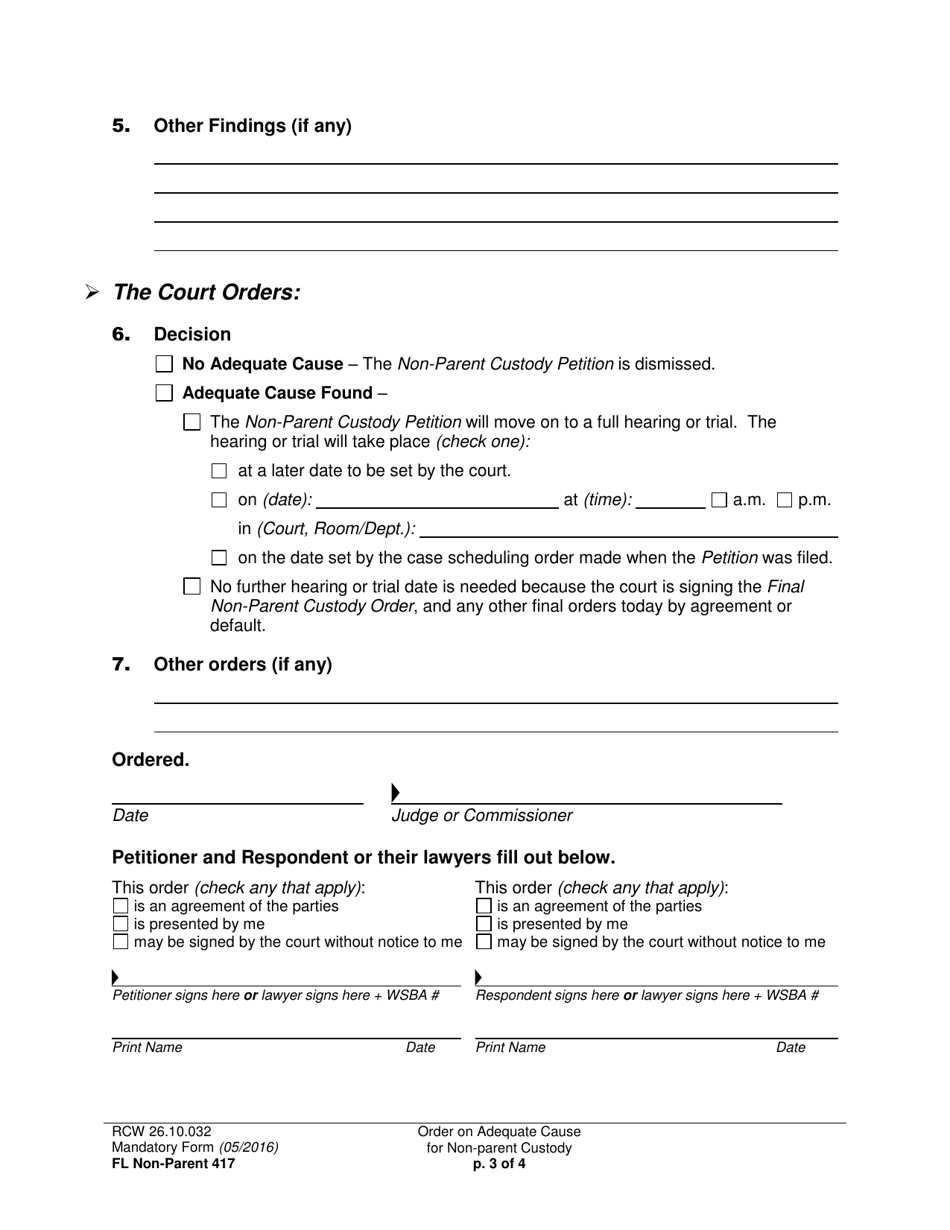 Form FL Non-Parent417 Order on Adequate Cause for Non-parent Custody - Washington, Page 3